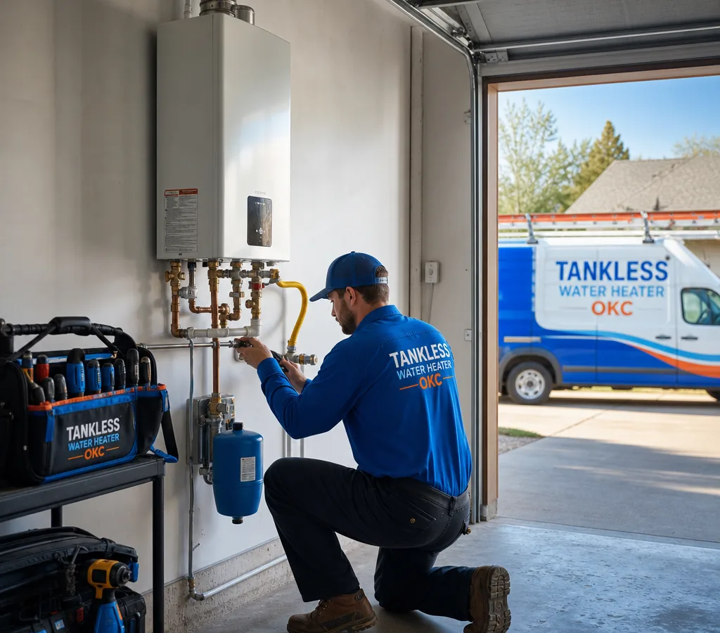 Technician setting a new residential water heater in an Oklahoma City garage utility area with tools and utility connections arranged neatly