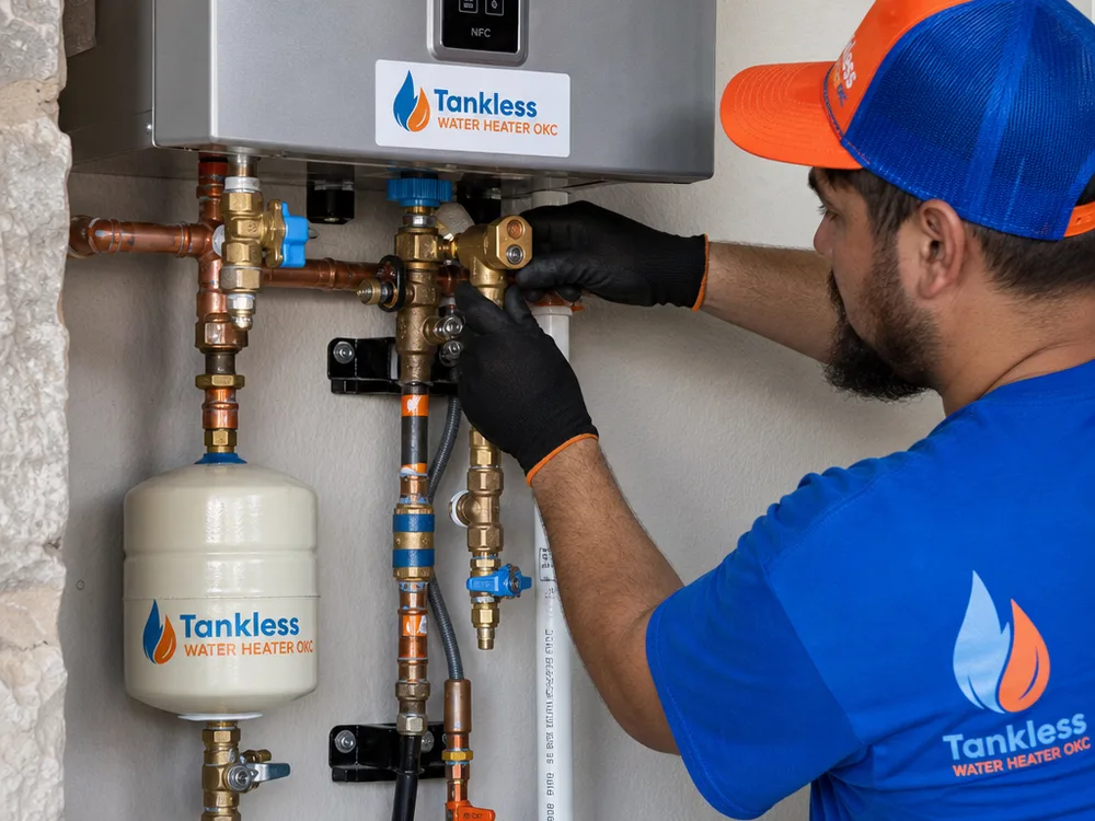 Properly installed water heater shutoff, unions, expansion tank, strapped piping, and temperature and pressure relief discharge line