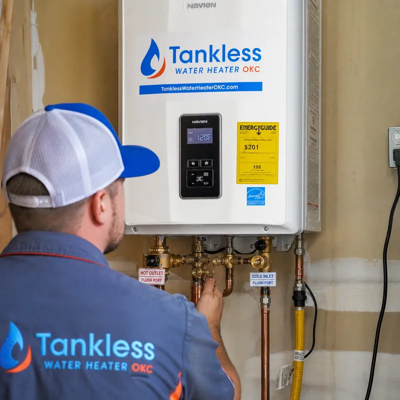 Neatly installed tankless water heater with visible service valves, flush ports, and labeled hot and cold lines