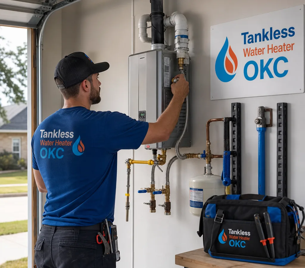 Technician installing a wall-mounted tankless water heater with gas, water, and vent connections in an Oklahoma City home
