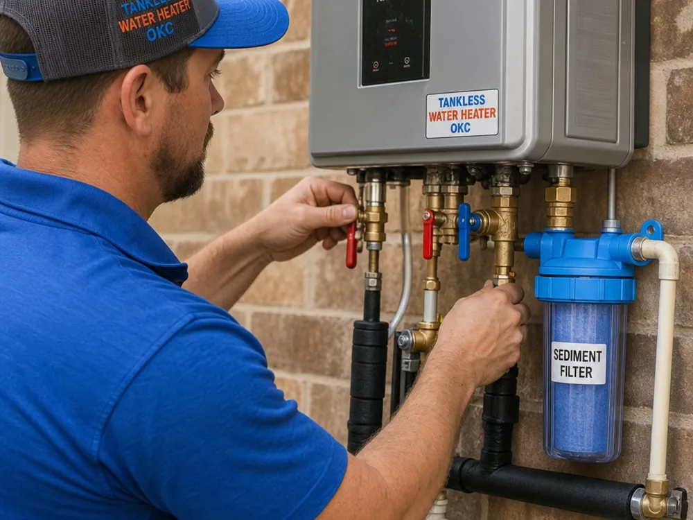 Tankless water heater installation with isolation valves, flush ports, supported piping, filter, and condensate drain