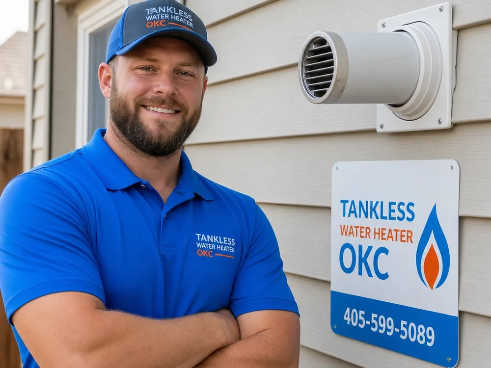 Properly terminated tankless vent with sealed wall penetration, clean finish, and safe clearance