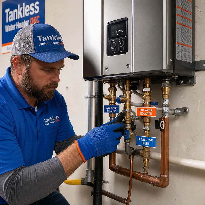 Neatly mounted tankless water heater with labeled isolation valves, service ports, and tidy supported piping