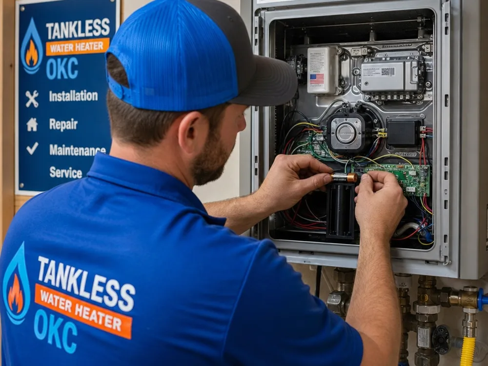 Technician checking the battery compartment and ignition connections on a tankless water heater