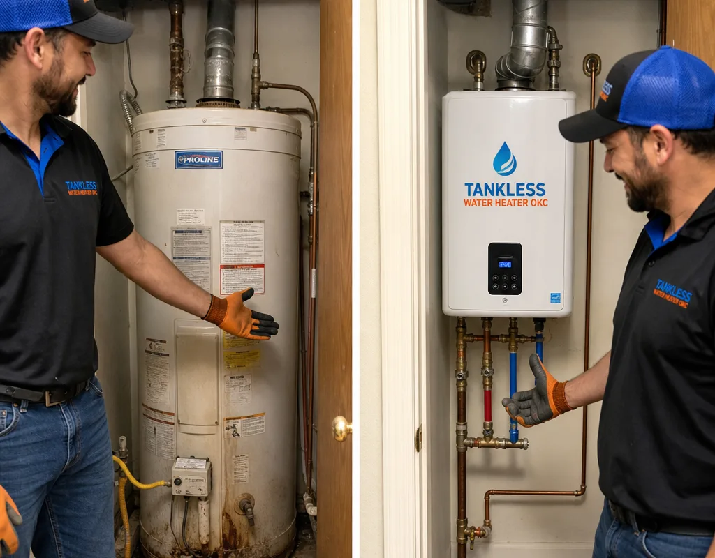 Before-and-after view of a bulky tank water heater replaced by a wall-mounted electric tankless unit in a utility closet