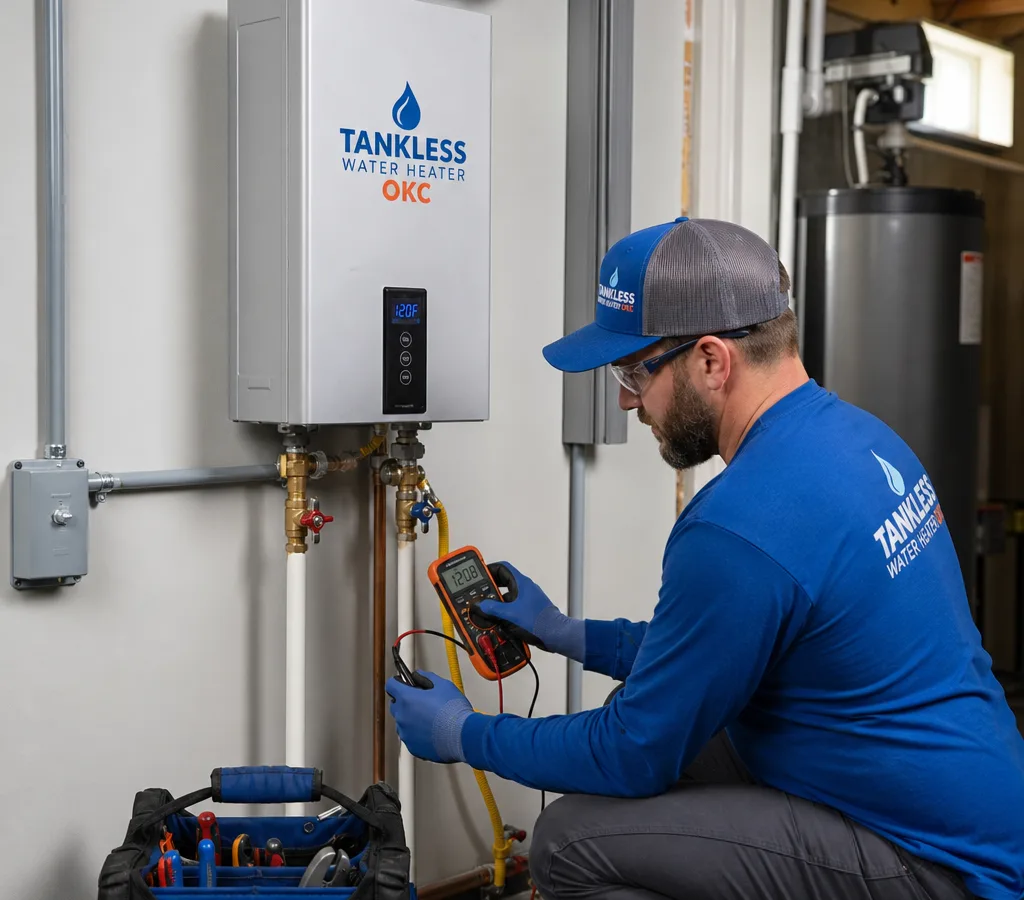 Electric tankless water heater mounted on an interior wall in an Oklahoma City home with tidy conduit and water connections while a technician verifies the installation