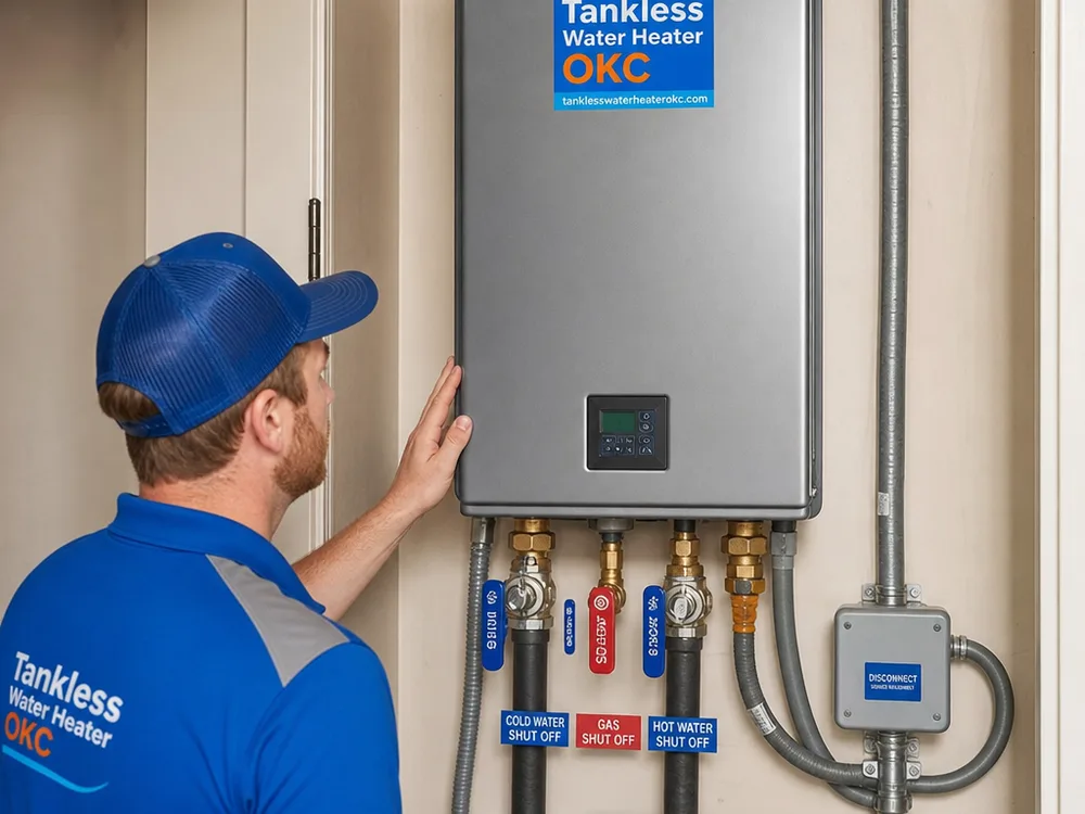 Close-up of an electric tankless unit with labeled shutoff valves and neatly routed electrical conduit after commissioning