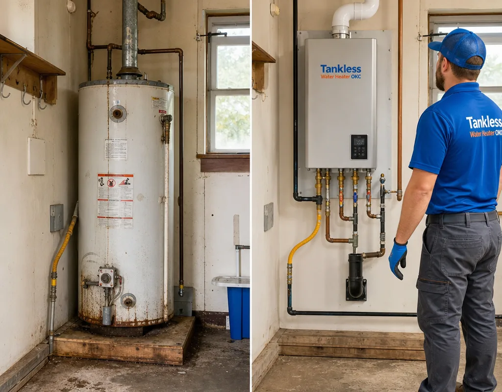 Before-and-after comparison of an old tank water heater replaced with a wall-mounted natural gas tankless unit with updated connections and reclaimed space