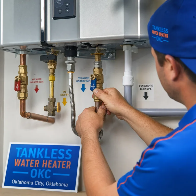 Close-up of a natural gas tankless water heater installation showing isolation valves, gas shutoff, vent connection, and labeled condensate drain line