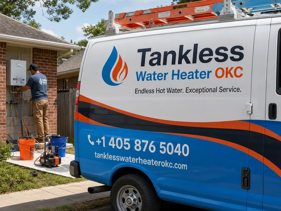 Technician performing a tankless descaling flush with pump and hoses connected to isolation valves